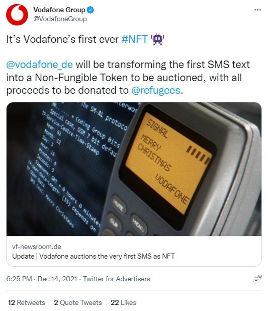 英國沃達(dá)豐公司也表示，計劃將拍賣所得全部捐贈給聯(lián)合國難民署，以支持那些被迫逃離家園的人。(圖片來源：英國沃達(dá)豐公司社交媒體截圖)