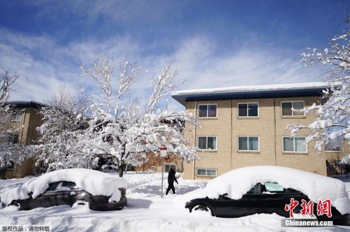 資料圖：當(dāng)?shù)貢r間2021年3月15日，美國科羅拉多州丹佛，當(dāng)?shù)赜瓉韽姳╋L(fēng)雪天氣，城市被積雪覆蓋。