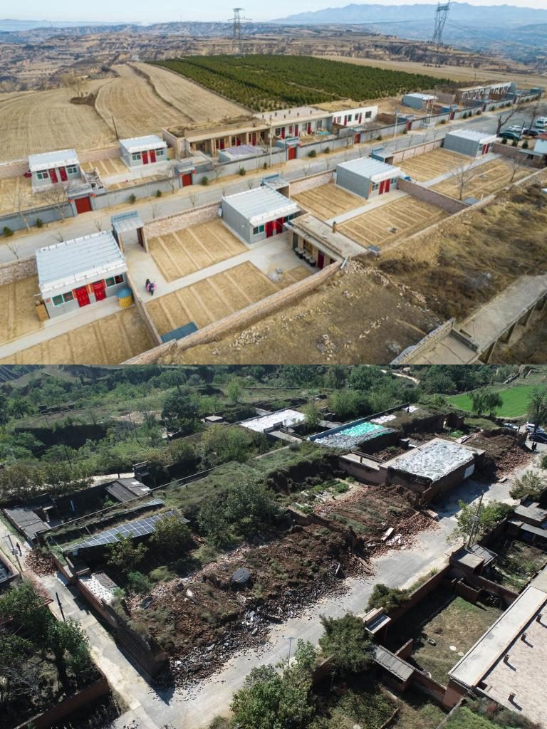 拼版照片，上圖是2022年1月山西省霍州市師莊鄉(xiāng)馮南垣村災(zāi)后恢復(fù)重建后的場景，下圖是2021年10月村莊因災(zāi)受損的場景。(霍州市委宣傳部供圖)