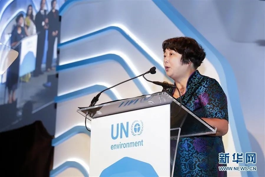 2018年9月26日，聯(lián)合國環(huán)境規(guī)劃署“地球衛(wèi)士獎”頒獎典禮在美國紐約舉行，浙江省安吉縣遞鋪鎮(zhèn)魯家村村民裘麗琴在頒獎儀式上發(fā)表獲獎感言。新華社記者 李木子 攝
