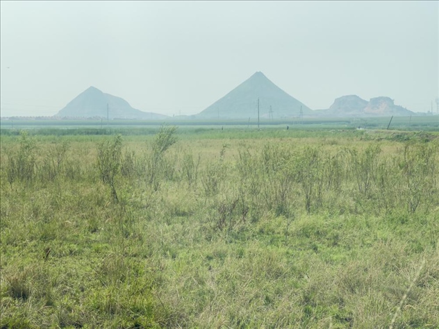 遠(yuǎn)處礦方存放的矸石堆成山(中國(guó)之聲記者江曉晨 攝)