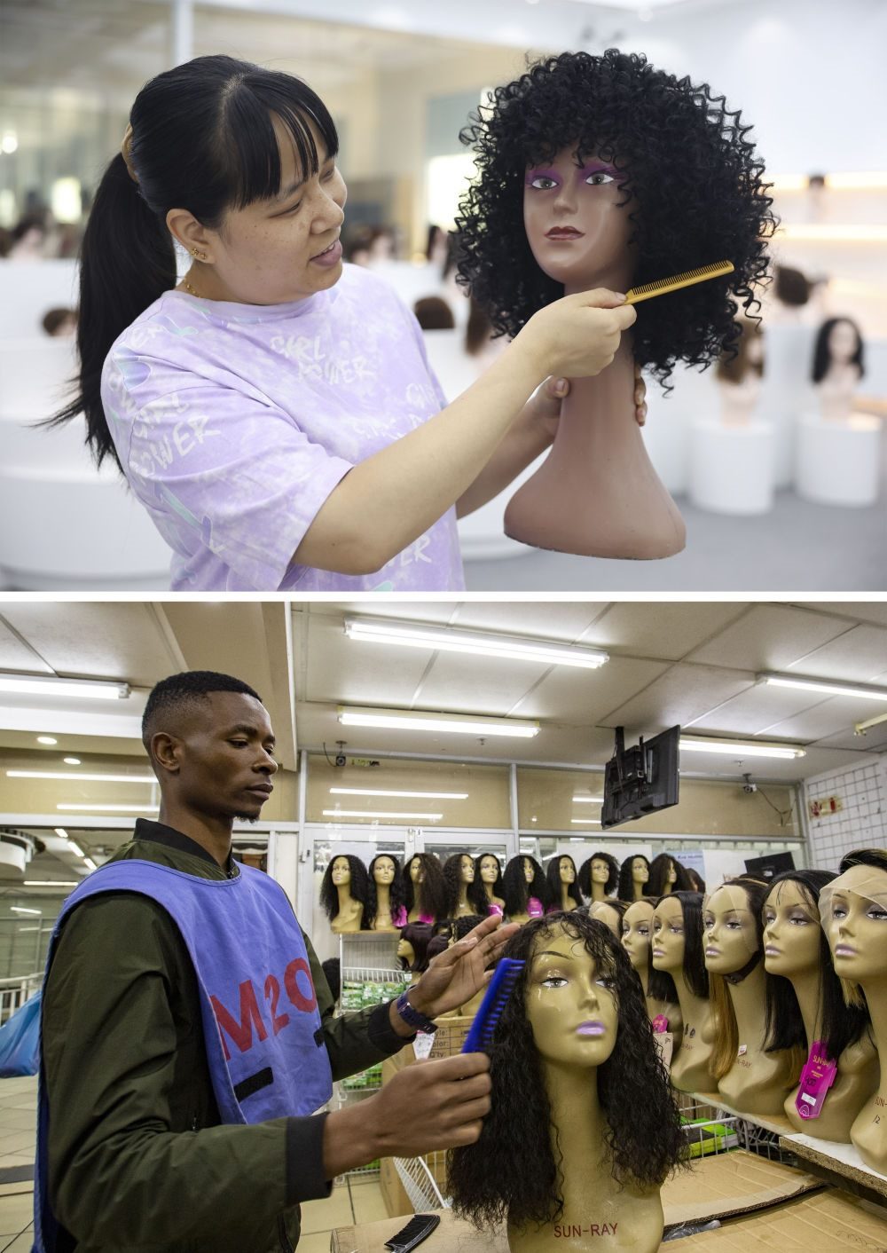 拼版照片：上圖為2023年5月25日，工人在湖南邵陽陽光發(fā)品有限公司展廳展示假發(fā)（新華社記者薛宇舸攝）；下圖為2023年6月9日，一名店員在湖南邵陽陽光發(fā)品有限公司位于南非約翰內(nèi)斯堡的店鋪內(nèi)展示假發(fā)（新華社記者張譽(yù)東攝）。新華社發(fā)