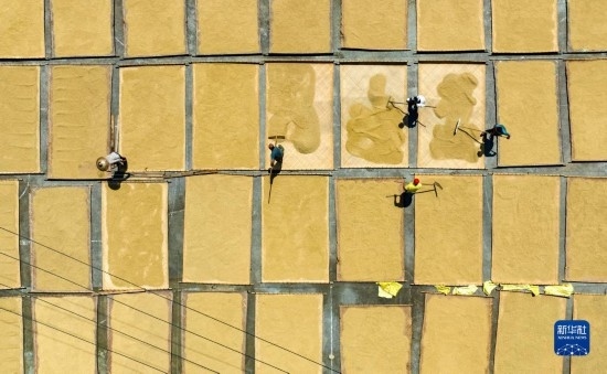 9月16日，在湖南省懷化市通道侗族自治縣萬佛山鎮(zhèn)溪上村，村民在晾曬稻谷（無人機照片）。