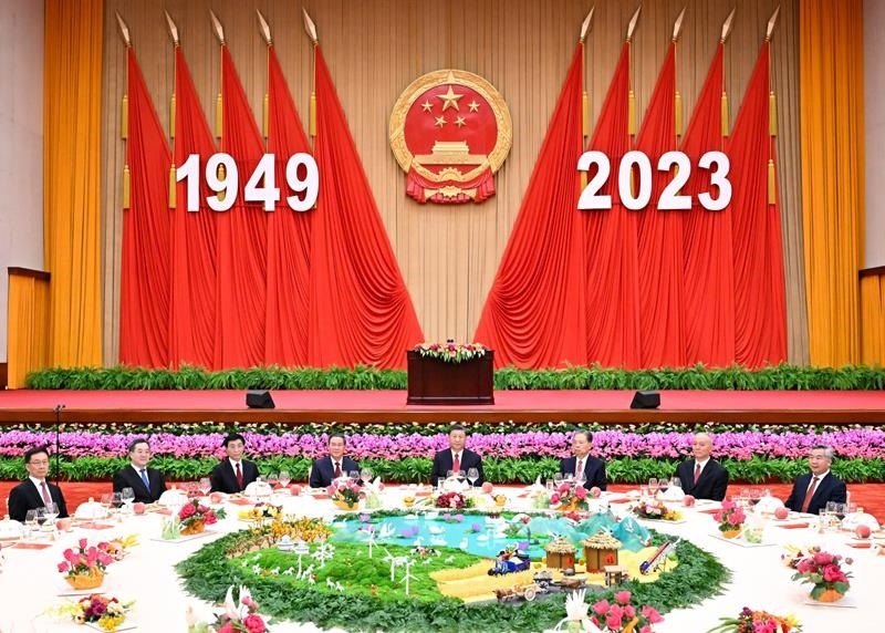 △2023年9月28日，慶祝中華人民共和國成立74周年招待會(huì)在北京人民大會(huì)堂舉行。