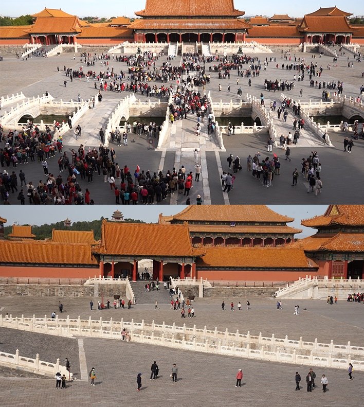 上午9時和下午13時的太和門廣場客流對比。故宮博物院供圖