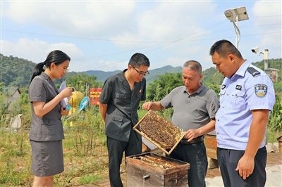  圖②：蒙山法院黃村法庭法官深入蜂蜜合作社，實(shí)地了解蜂農(nóng)需求。