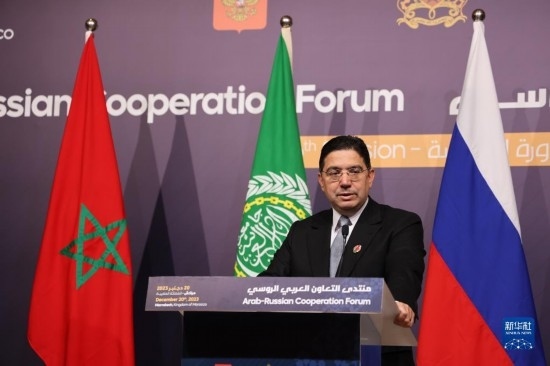 12月20日，在摩洛哥南部城市馬拉喀什舉行的第六屆阿拉伯-俄羅斯合作論壇主議程結束后，摩洛哥外交大臣布里達在記者會上講話。新華社記者霍晶攝