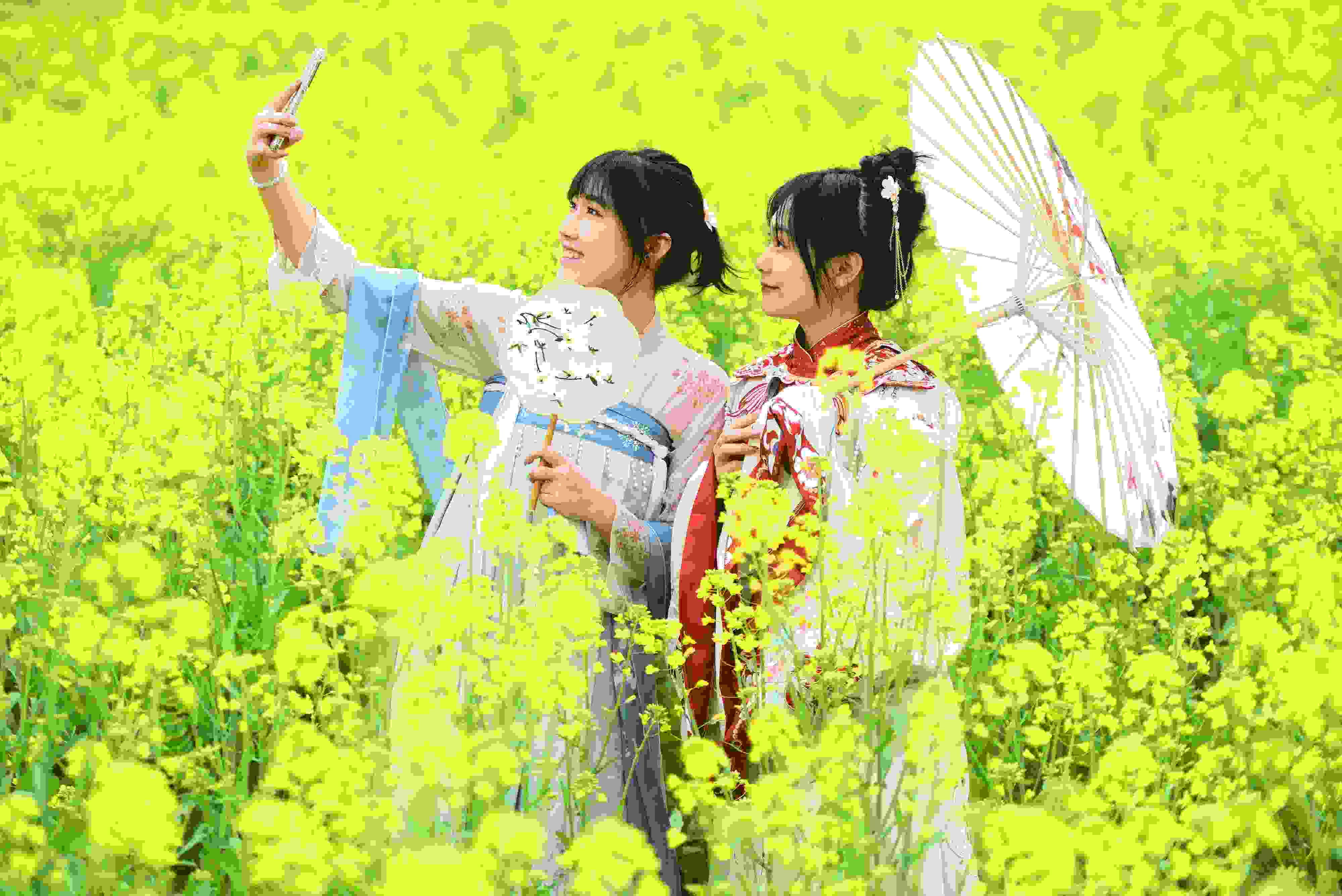 △ 2024年2月16日，廣西賀州，在富川瑤族自治縣麥嶺鎮(zhèn)三民村，游客在油菜花田間賞花拍照。