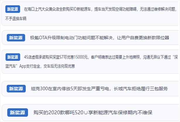 “人民投訴”用戶吐槽新能源汽車功能障礙多發(fā)、升級(jí)后配套服務(wù)跟不上、虛假優(yōu)惠、保修期內(nèi)不維保的問題。（“人民投訴”平臺(tái)截圖）
