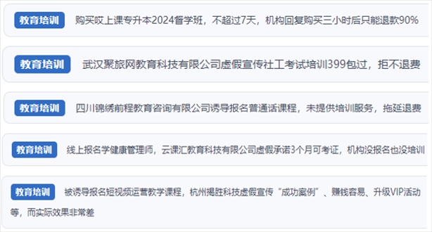 “人民投訴”用戶舉報(bào)機(jī)構(gòu)虛假宣傳包過包拿證、虛假承諾收益效果、課程服務(wù)貨不對(duì)板、退款難等在線教培亂象。（“人民投訴”平臺(tái)截圖）