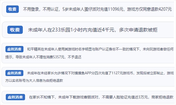 “人民投訴”用戶舉報(bào)身份認(rèn)證成擺設(shè)、大額充值無提醒、提供證據(jù)被駁回、商家設(shè)置退款障礙等未成年人網(wǎng)游消費(fèi)亂象。（“人民投訴”平臺(tái)截圖）