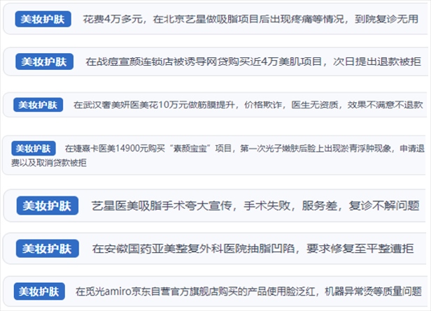 “人民投訴”用戶舉報(bào)醫(yī)美未達(dá)預(yù)期效果或?qū)е律眢w損傷退款遭拒、機(jī)構(gòu)及服務(wù)人員虛假資質(zhì)、被誘導(dǎo)高額醫(yī)美貸、網(wǎng)購美容儀器質(zhì)量不過關(guān)等問題。（“人民投訴”平臺(tái)截圖）