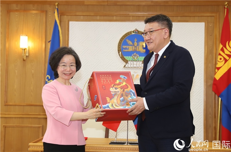 沈大使向扎布赫楞部長(zhǎng)贈(zèng)送吉祥龍。人民網(wǎng)記者 霍文攝