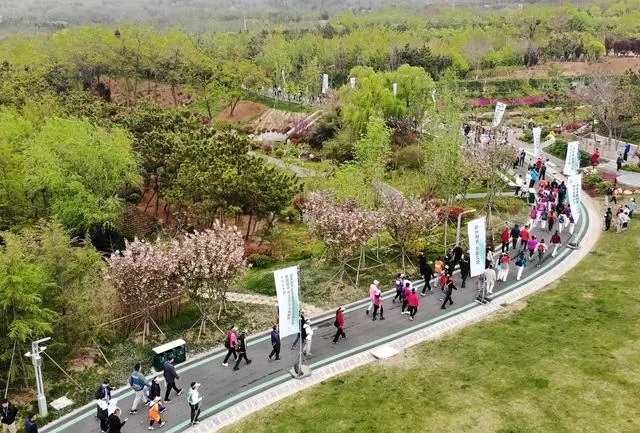 4月27日，登山愛好者在浮山森林公園參加登山健身活動（無人機照片）。新華社記者 李紫恒攝