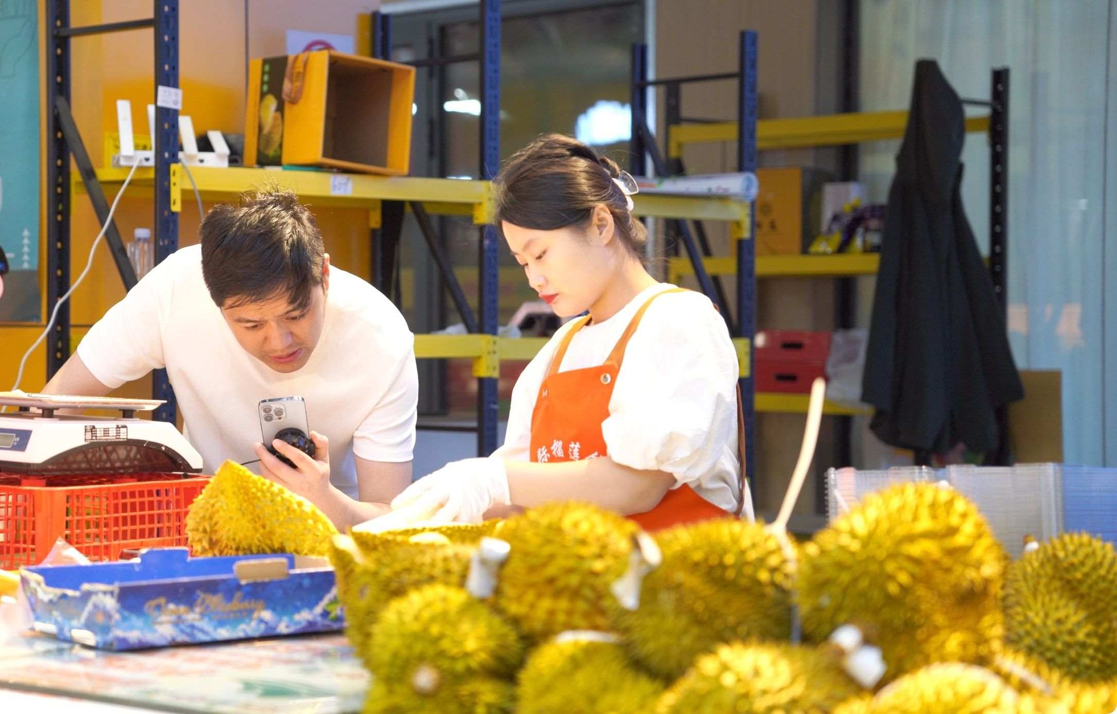 榴蓮商家正在通過手機(jī)直播銷售榴蓮。人民網(wǎng)記者申佳平 攝