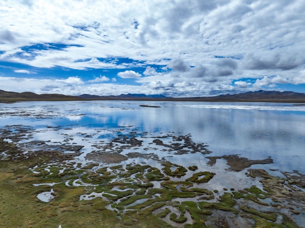這是2024年5月26日在長(zhǎng)江源頭地區(qū)拍攝的班德湖一角（無人機(jī)照片）。新華社記者 張龍 攝