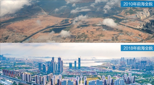 △在前海石公園的前海開發(fā)開放成果展示墻上，一張八年間的前海全貌對比圖。
