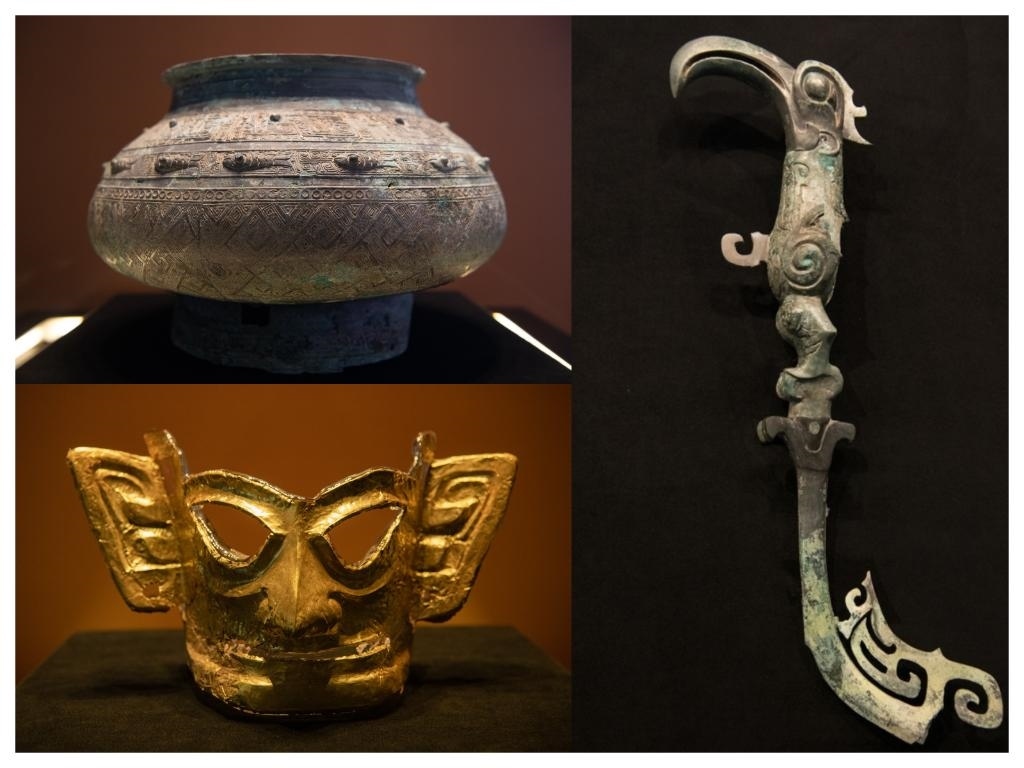 拼版照片：左上圖為青銅瓿，左下圖為黃金面具，右圖為青銅樹枝。新華社記者唐文豪 攝