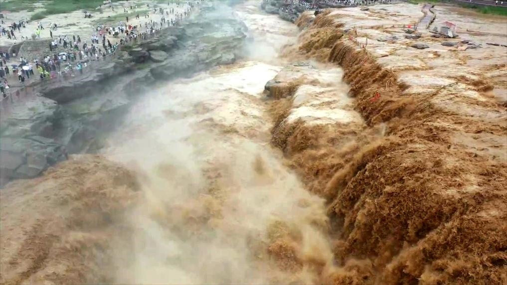 黃河壺口瀑布水量大增，出現(xiàn)壯美黃色瀑布群景觀。新華社發(fā) 呂桂明 攝