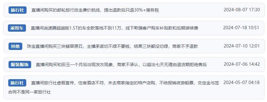 近期網(wǎng)友涉及直播購(gòu)物相關(guān)投訴問(wèn)題。（“人民投訴”用戶投訴截圖）