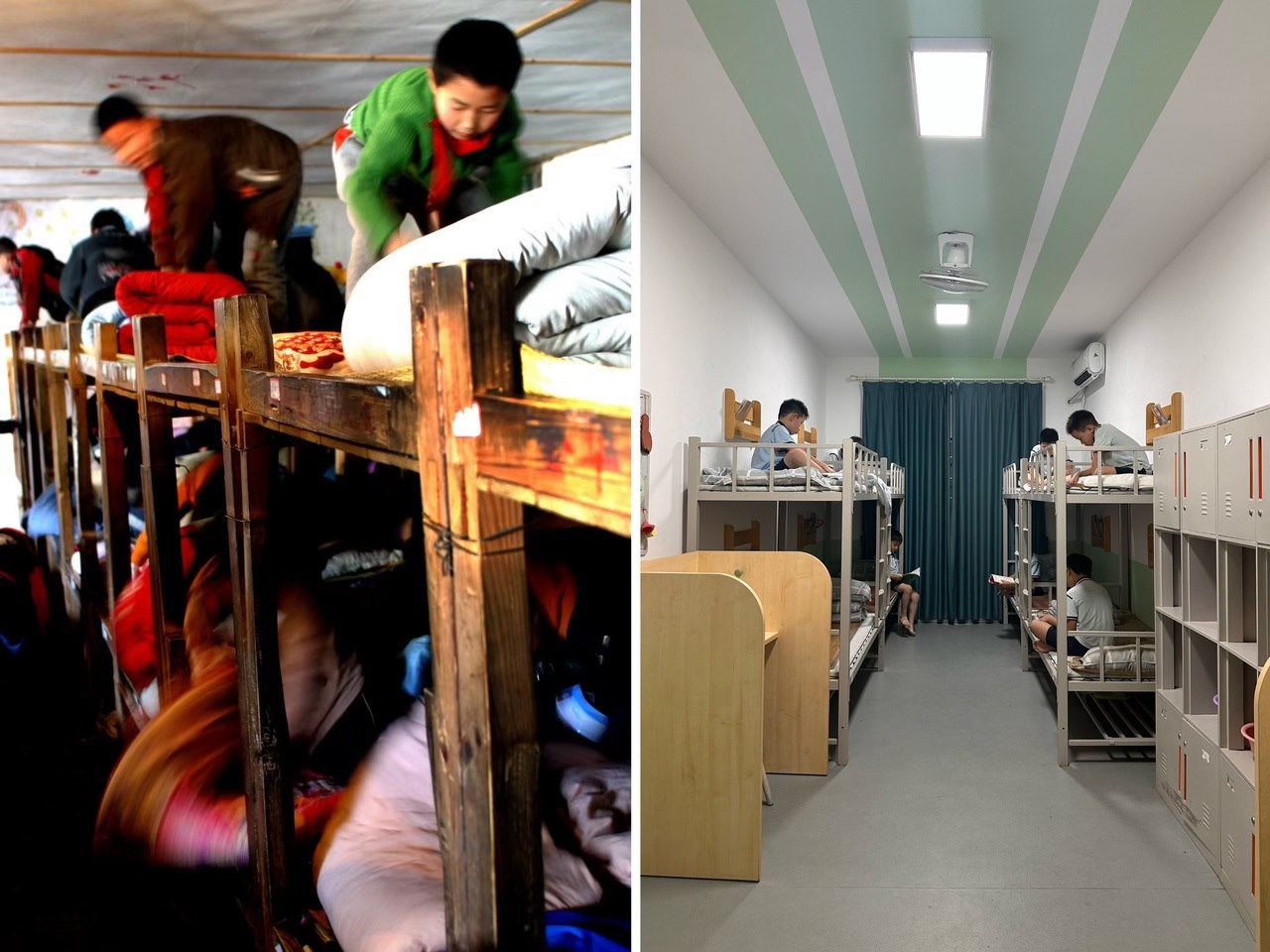 縉云縣東渡鎮(zhèn)長坑小學(xué)2005年以前的學(xué)生宿舍（左），以及現(xiàn)在的學(xué)生宿舍（右） 學(xué)校供圖