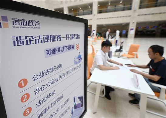 在天津?yàn)I海新區(qū)政務(wù)服務(wù)中心，工作人員在“涉企法律服務(wù)一件事”專區(qū)為市民提供服務(wù)（2024年7月31日攝）。新華社記者 趙子碩 攝