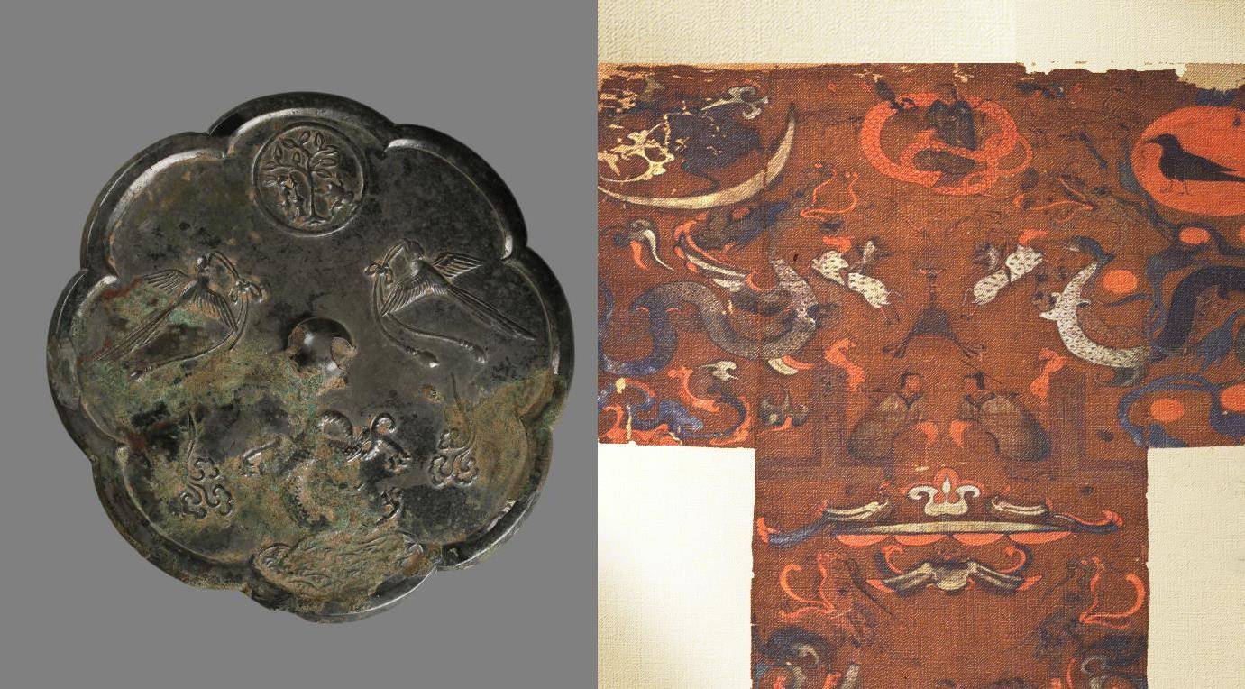 陜西歷史博物館珍藏的雙鸞月宮紋葵花形鏡（左）和湖南博物院展出的馬王堆漢墓出土的T形帛畫(huà)（右）