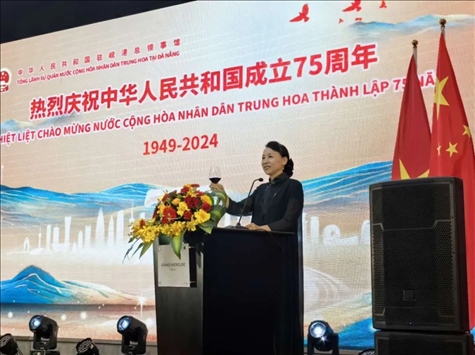 中國駐峴港總領(lǐng)事董碧幽在招待會上致辭。中國駐峴港總領(lǐng)館供圖