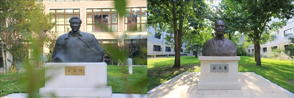 拼版照片：左圖為中央黨校（國(guó)家行政學(xué)院）校園內(nèi)的焦裕祿雕塑；右圖為中央黨校（國(guó)家行政學(xué)院）校園內(nèi)的谷文昌雕塑。