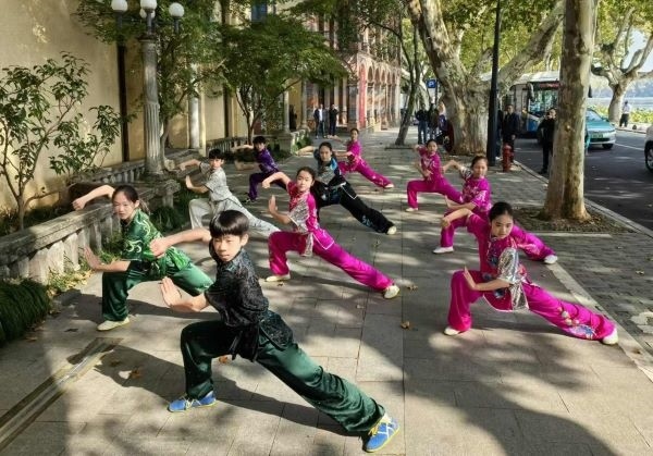 杭州市陳經(jīng)綸體校武術(shù)隊(duì)學(xué)生們展示中華武術(shù)。 人民網(wǎng)記者 楊磊攝
