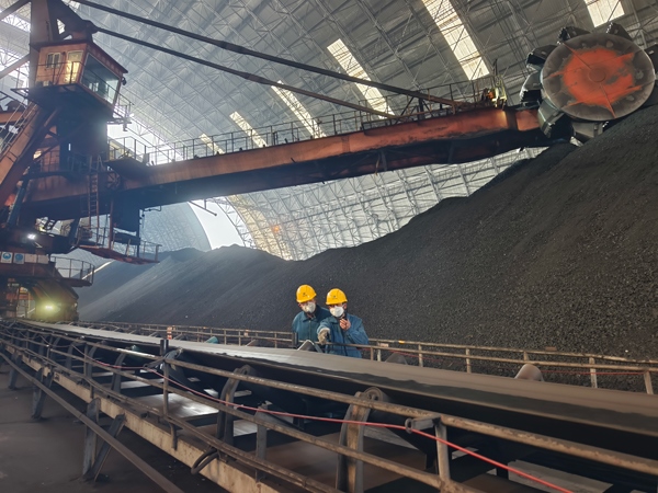 趙善國（右）和同事對電廠煤場進(jìn)行巡檢。受訪者供圖