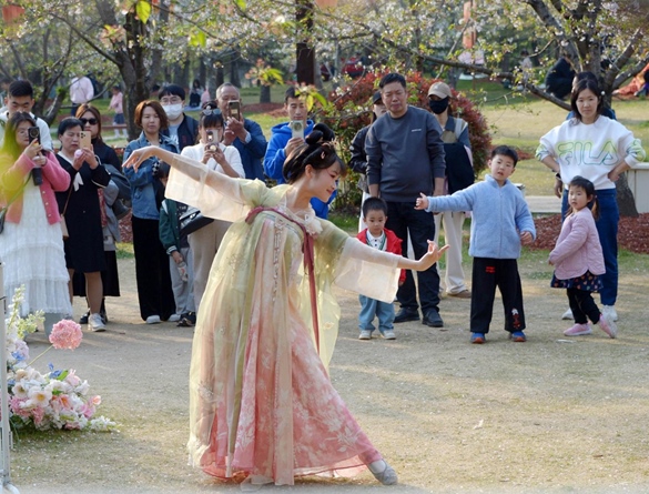 清明假期期間，上海顧村公園櫻花島上，游客在觀賞國(guó)風(fēng)漢服快閃表演。（圖片來(lái)源：視覺(jué)中國(guó)）