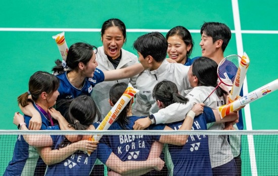 5月3日，韓國隊慶祝晉級決賽。新華社記者 孫非 攝