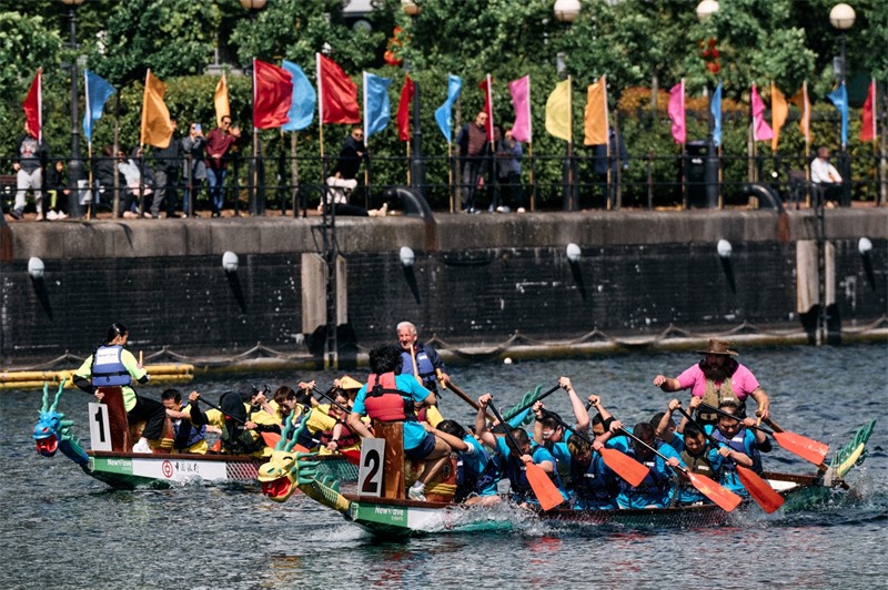 中英雙方的參賽隊(duì)伍參與龍舟競(jìng)渡。楊浩鵬攝
