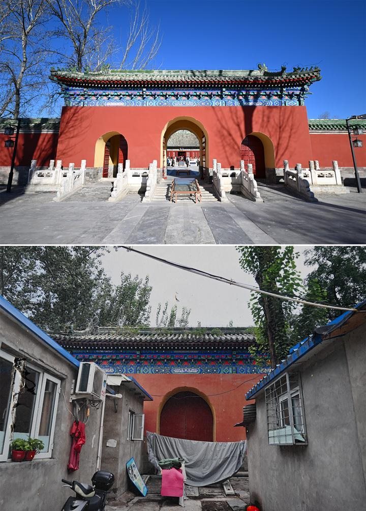 位于先農(nóng)壇內(nèi)的慶成宮，曾長(zhǎng)時(shí)間被雜亂的民居占據(jù)。在北京中軸線申遺保護(hù)工作的帶動(dòng)下，北京完成了慶成宮區(qū)域文物征收騰退、非文物建筑拆除、彩畫(huà)保護(hù)、本體修繕、展覽布陳等，讓560多年歷史的古建群重新回歸。2024年12月，北京中軸線上先農(nóng)壇內(nèi)的慶成宮首次面向社會(huì)公眾開(kāi)放。上圖為騰退修繕后的慶成宮內(nèi)宮門(mén)（資料照片）；下圖為翻拍的慶成宮內(nèi)宮門(mén)騰退修繕前的資料照片（2024年12月21日攝）。